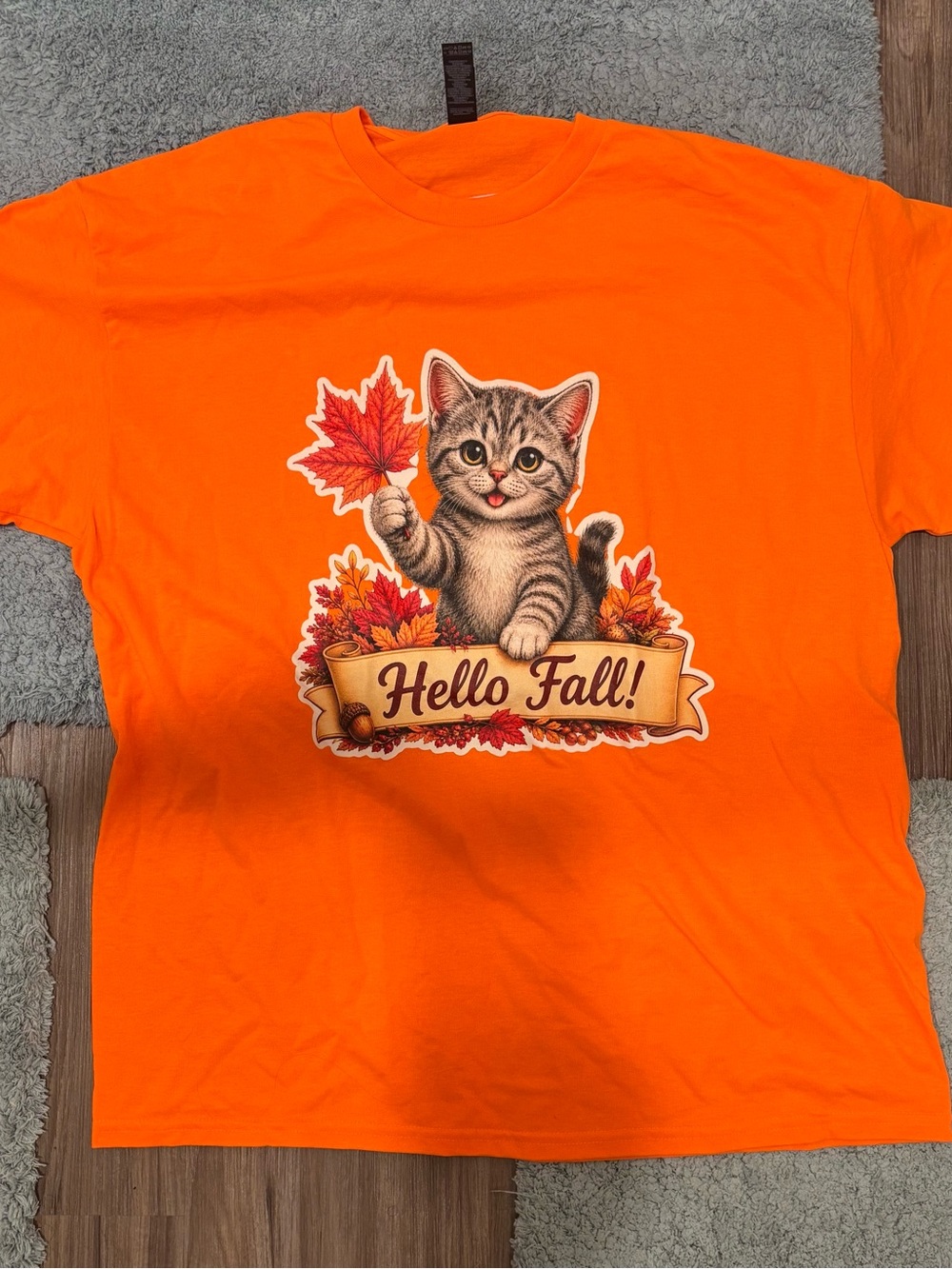Gildan Orange Cat Tee with 'Hello Fall' Graphic